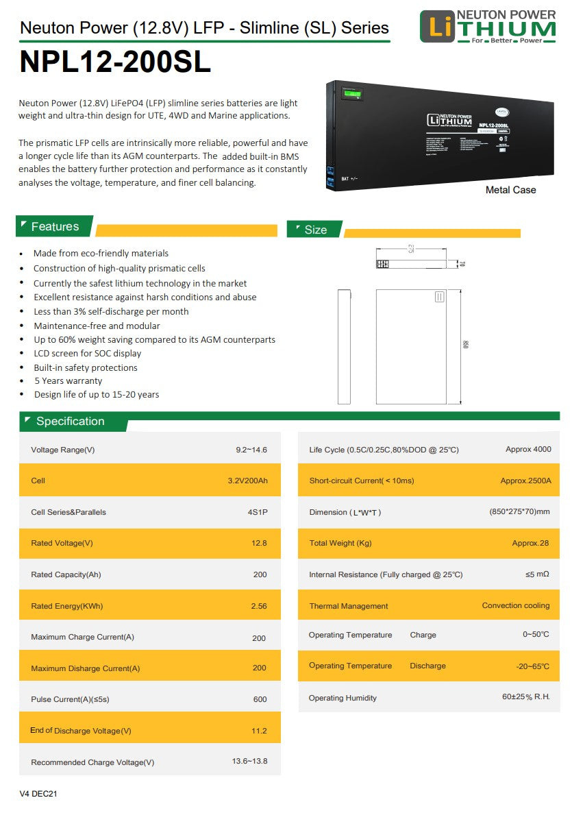 Neuton Power Slimline Lithium Battery 200AH- NPL12-200SL