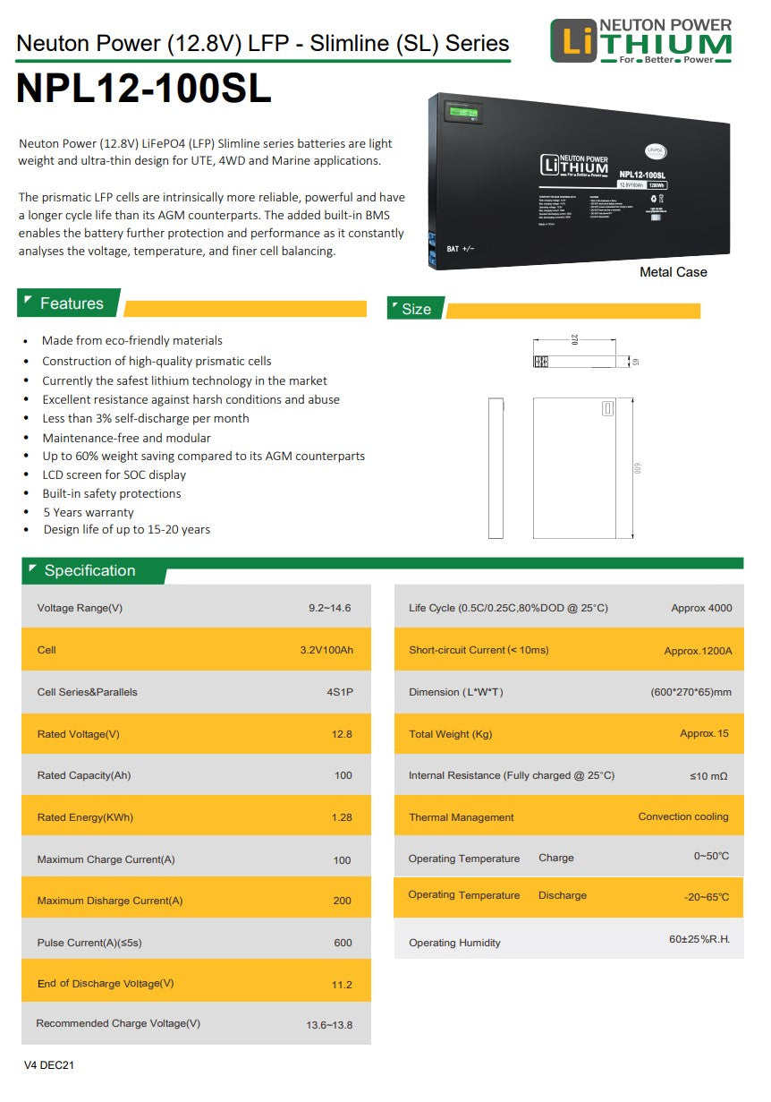Neuton Power Slimline Lithium Battery 100AH- NPL12-100SL