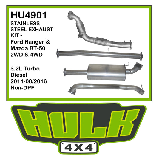 Hulk 4x4 Stainless steel exhaust kit - Ford Ranger & Mazda BT-50 2WD & 4WD 3.2L Turbo Diesel 2011-08/2016 Non-DPF HU4901