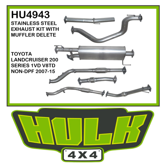 Hulk 4x4 Stainless steel exhaust kit w/muffler delete- Toyota Landcruiser 200 series 1VD V8 TD NON-DPF 2007-15 HU4943